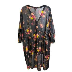 Torrid Shirt Dress Womens 3X Black Floral Sheer Button Front High Low Hem V Neck